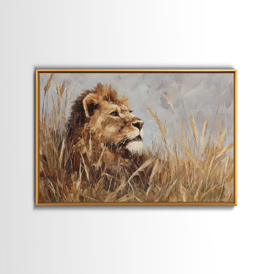 Lion Emerging from Golden Savanna Grass Canvas Print, Wildlife Art, Bird Wall Art, Living Room Decor, Fine Art, Wild, WIL-3x2-29