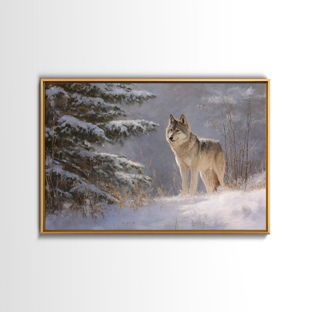 Wolf Standing Beneath Snowy Pine Trees Framed Canvas Print, Wildlife Art, Canvas Painting, Living Room Decor, Fine Art, Wild, WIL-3x2-31