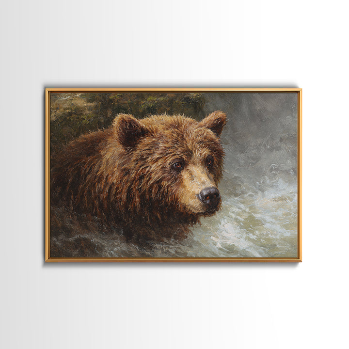 Bear Fishing in Rushing Mountain River Canvas Print, Wildlife Art, Bird Art, Living Room Decor, Oil Painting, Wild, WIL-3x2-32