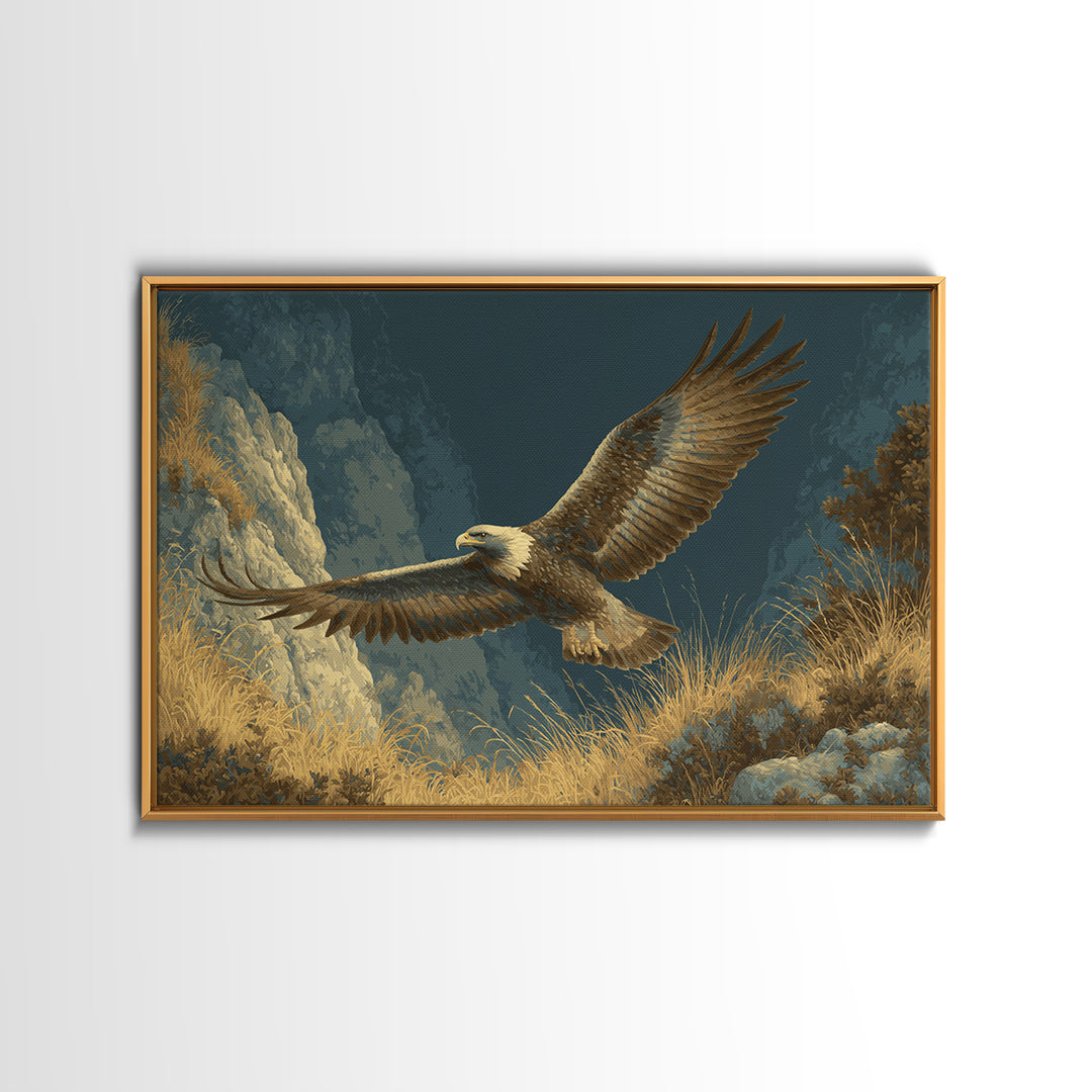 Eagle Soaring Above Rocky Cliffs Canvas Print, Wildlife Art, Bird Art, Living Room Decor, Watercolor Art, Wild, WIL-3x2-34