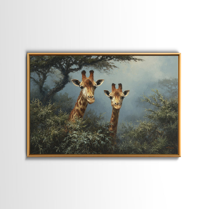 Giraffe Pair under Acacia Tree Framed Canvas Print, Wildlife Art, Rustic Home Decor, Living Room Decor, Fine Art, Wild, WIL-3x2-35