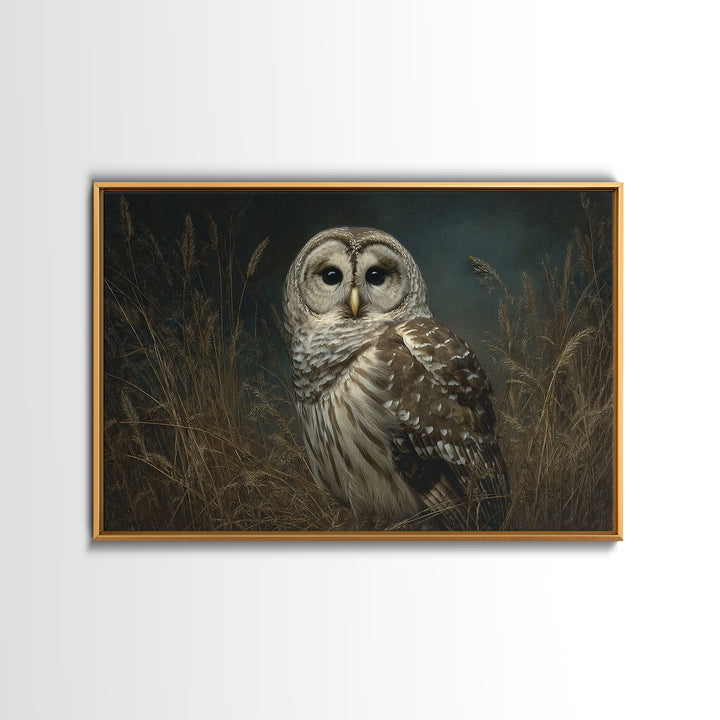 Owl Perched in Moonlit Woodland Framed Canvas Print, Wildlife Art, Modern Art, Living Room Decor, Oil Painting, Wild, WIL-3x2-40