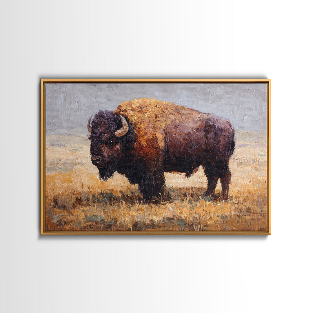 Bison on Wide Western Prairie Framed Canvas Print, Wildlife Art, Digital Download Art, Living Room Decor, Watercolor Art, Wild, WIL-3x2-41