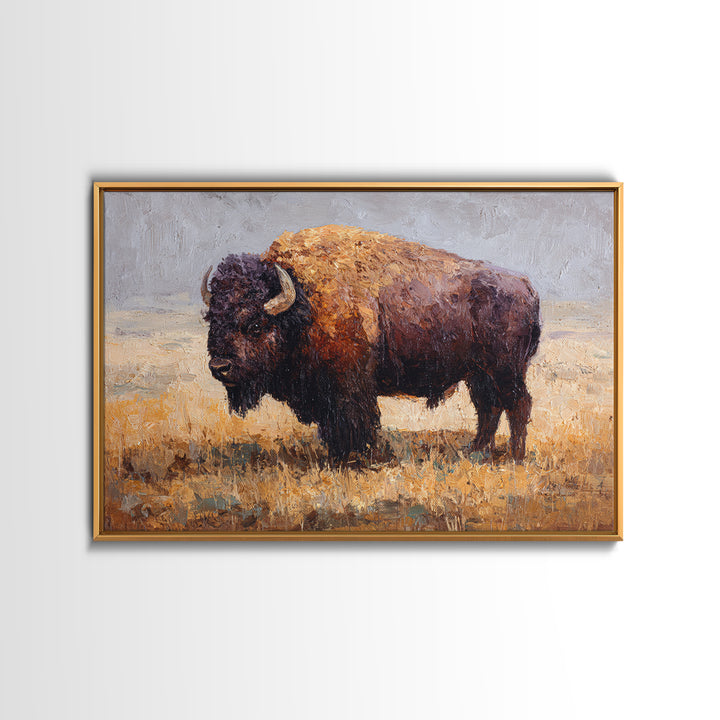 Bison on Wide Western Prairie Framed Canvas Print, Wildlife Art, Digital Download Art, Living Room Decor, Watercolor Art, Wild, WIL-3x2-41