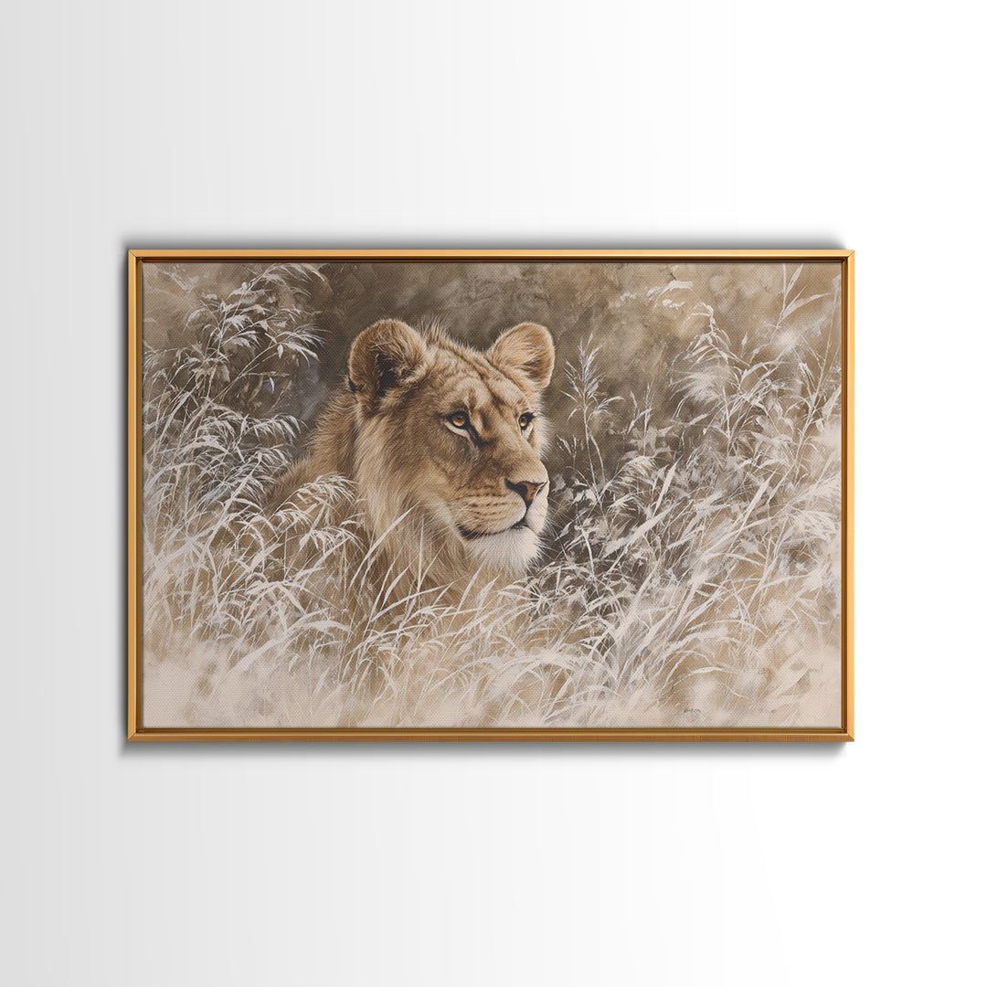 Lion Emerging from Golden Savanna Grass Framed Canvas Print, Wildlife Art, Modern Art, Living Room Decor, Fine Art, Wild, WIL-3x2-5