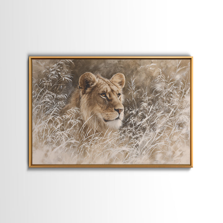 Lion Emerging from Golden Savanna Grass Framed Canvas Print, Wildlife Art, Modern Art, Living Room Decor, Fine Art, Wild, WIL-3x2-5