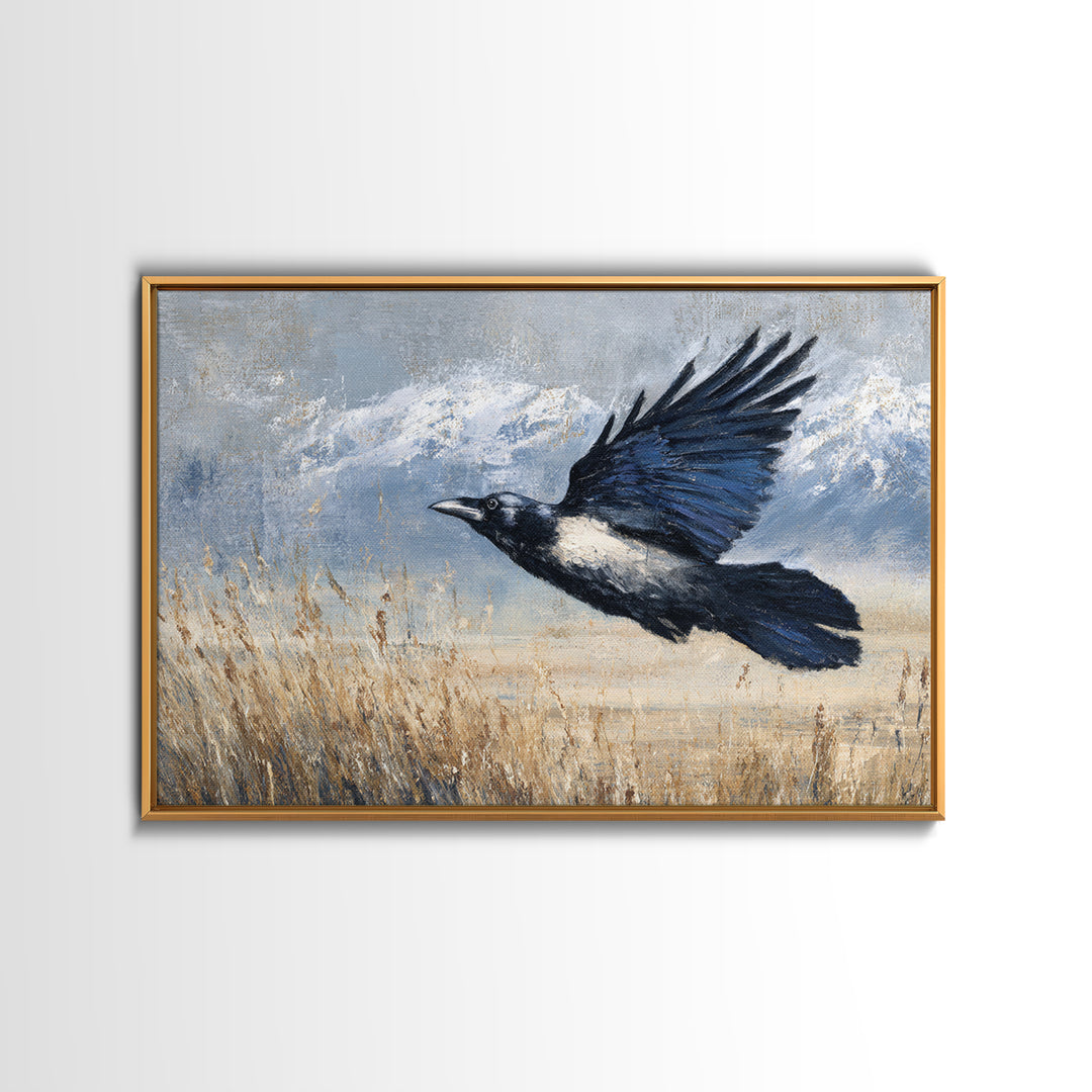Raven Flying Through Snowy Mountains Canvas Print, Wildlife Art, Living Room Wall Art, Living Room Decor, Fine Art, Wild, WIL-3x2-52