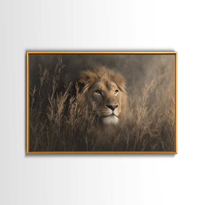 Lion Emerging from Golden Savanna Grass Canvas Print, Wildlife Art, Bird Wall Art, Living Room Decor, Fine Art, Wild, WIL-3x2-53