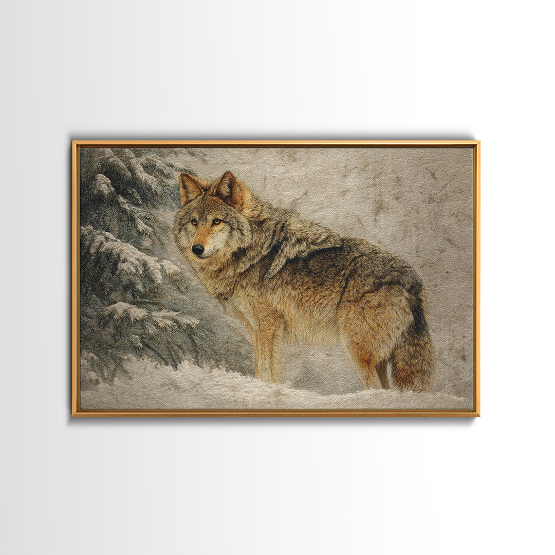 Wolf Standing Beneath Snowy Pine Trees Framed Canvas Print, Wildlife Art, Wall Decor, Living Room Decor, Oil Painting, Wild, WIL-3x2-55