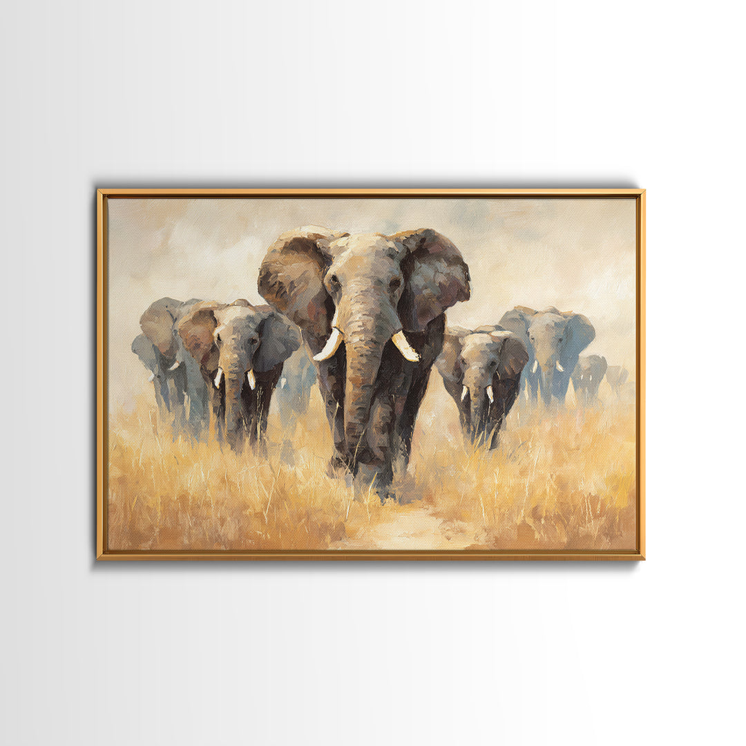 Elephant Herd Walking Through Dusty Sunset Framed Canvas Print, Wildlife Art, Living Room Decor, Wild, Living Room Art, WIL-3x2-6