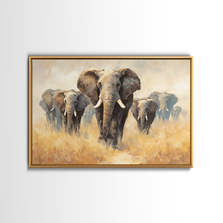 Elephant Herd Walking Through Dusty Sunset Framed Canvas Print, Wildlife Art, Living Room Decor, Wild, Living Room Art, WIL-3x2-6