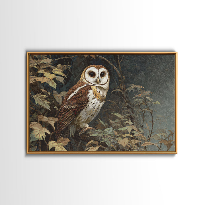 Owl Perched in Moonlit Woodland Framed Canvas Print, Wildlife Art, Gallery Decor, Living Room Decor, Abstract Art, Wild, WIL-3x2-64