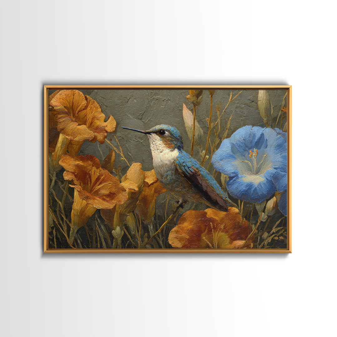Hummingbird Beside Bright Flowers Canvas Print, Wildlife Art, Neutral Decor, Living Room Decor, Oil Painting, Wild, Wall Art, WIL-3x2-68