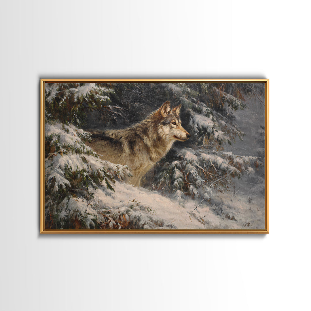 Wolf Standing Beneath Snowy Pine Trees Framed Canvas Print, Wildlife Art, Home Decor, Living Room Decor, Abstract Art, Wild, WIL-3x2-7