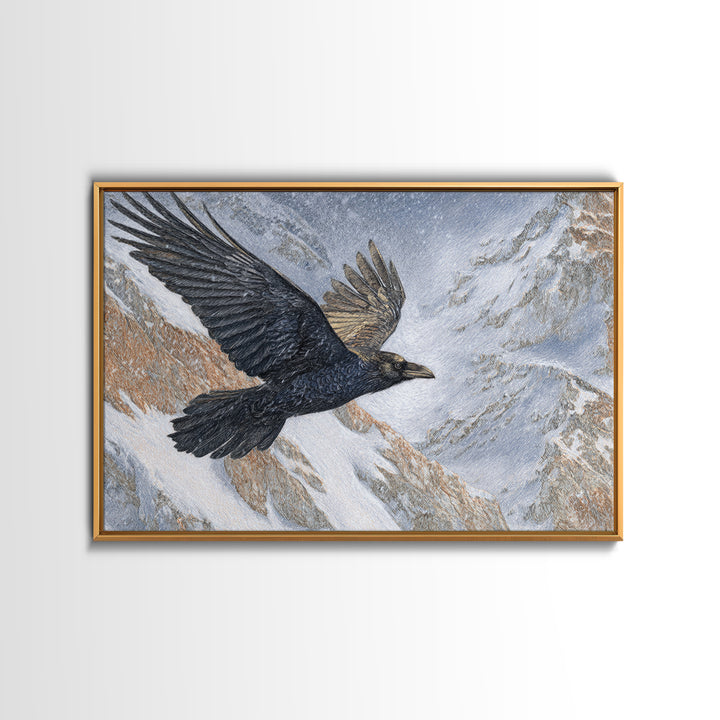 Raven Flying Through Snowy Mountains Canvas Print, Wildlife Art, Forest Wall Art, Living Room Decor, Fine Art, Wild, WIL-3x2-76