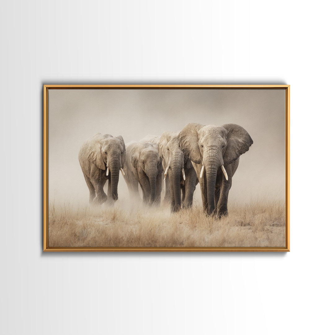 Elephant Herd Walking Through Dusty Sunset Framed Canvas Print, Wildlife Art, Digital Download Art, Living Room Decor, Wild, WIL-3x2-78