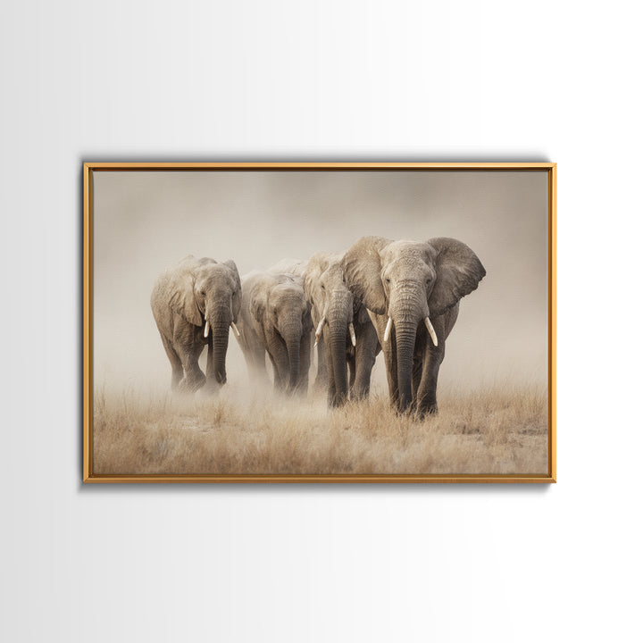 Elephant Herd Walking Through Dusty Sunset Framed Canvas Print, Wildlife Art, Digital Download Art, Living Room Decor, Wild, WIL-3x2-78