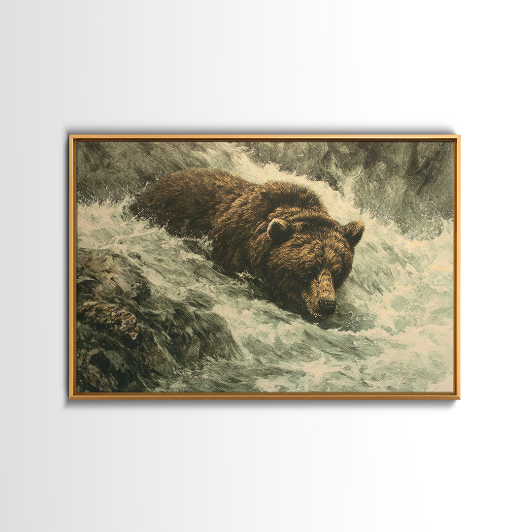 Bear Fishing in Rushing Mountain River Framed Canvas Print, Wildlife Art, Wall Art Print, Living Room Decor, Fine Art, Wild, WIL-3x2-8