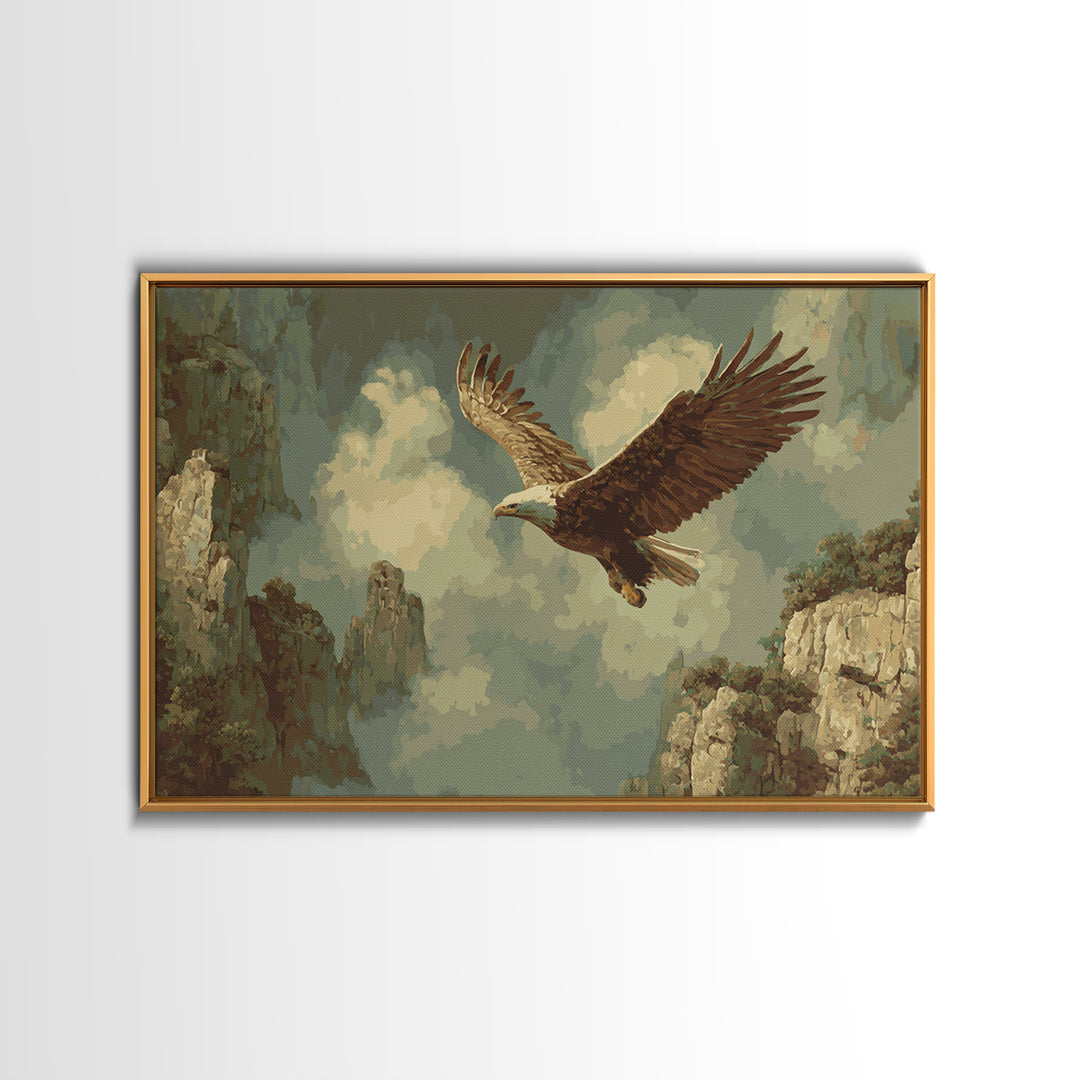Eagle Soaring Above Rocky Cliffs Framed Canvas Print, Wildlife Art, Living Room Art, Living Room Decor, Oil Painting, Wild, WIL-3x2-82