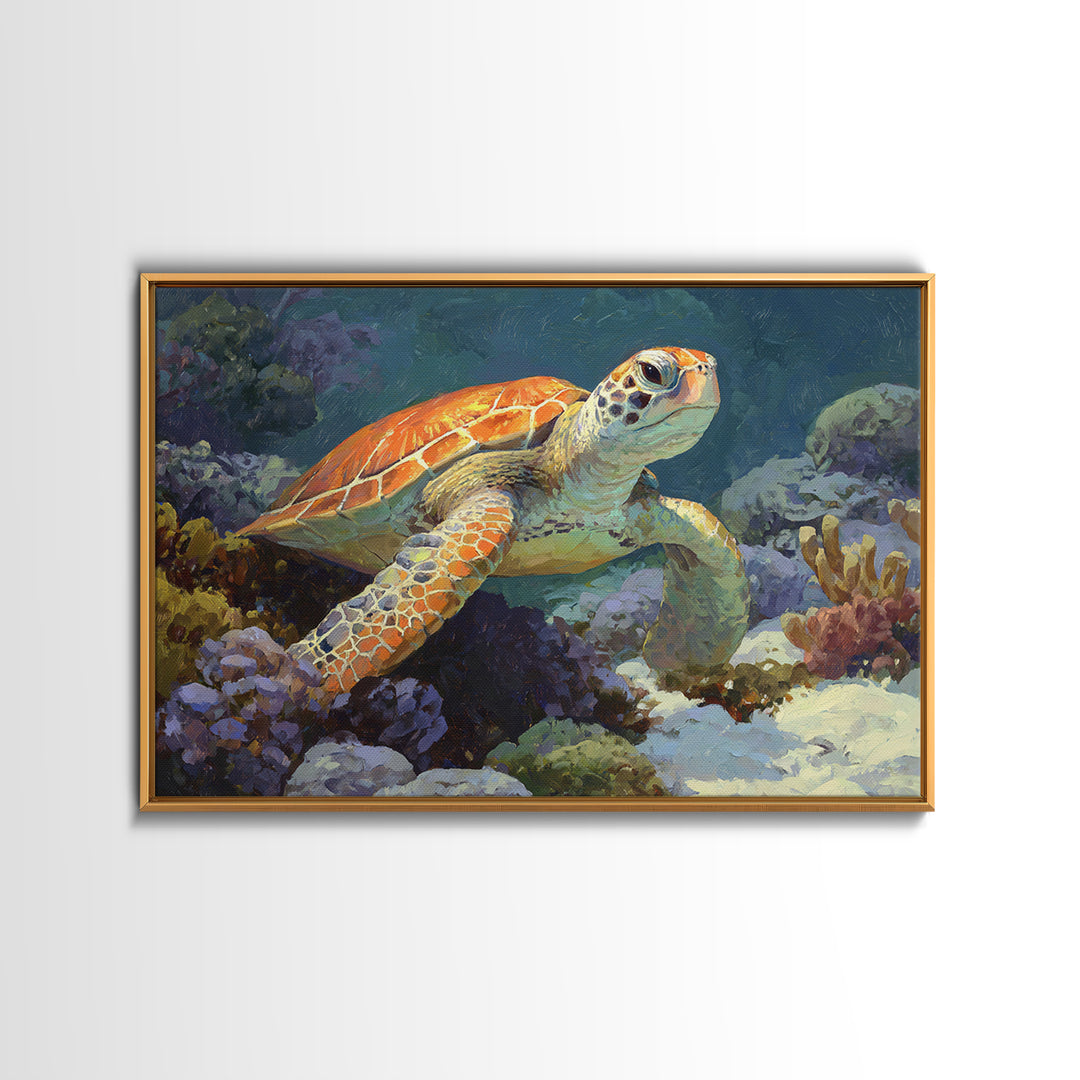 Sea Turtle over Coral Reef Canvas Print, Wildlife Art, Landscape Art, Living Room Decor, Abstract Art, Wild, Modern Decor, WIL-3x2-94
