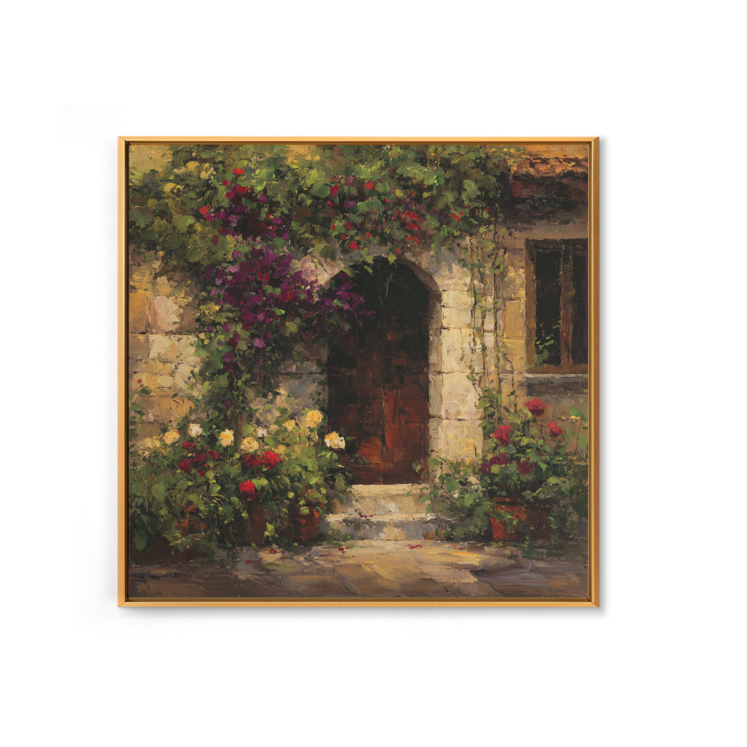 Vineyard Gate with Climbing Roses Canvas Print, Winery Art, Farmhouse Decor, Winery Decor, Oil Painting, Vineyard, Bar Art, WIN-1x1-15