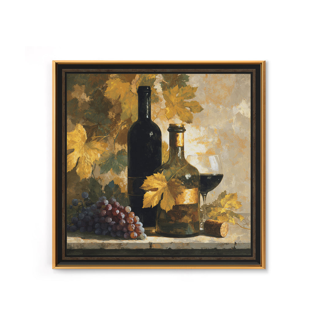 Black and Gold Wine Bottle Silhouette Framed Canvas Print, Winery Art, Kitchen Art, Winery Decor, Watercolor Art, Vineyard, WIN-1x1-16