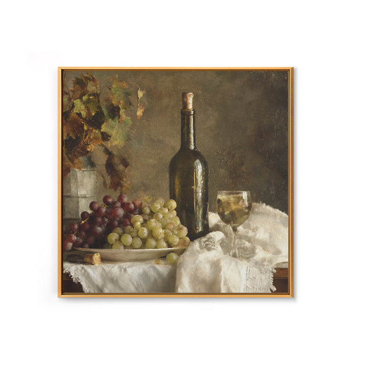Champagne Grapes and White Linen Still Life Framed Canvas Print, Winery Art, Winery Decor, Abstract Art, Vineyard, WIN-1x1-29