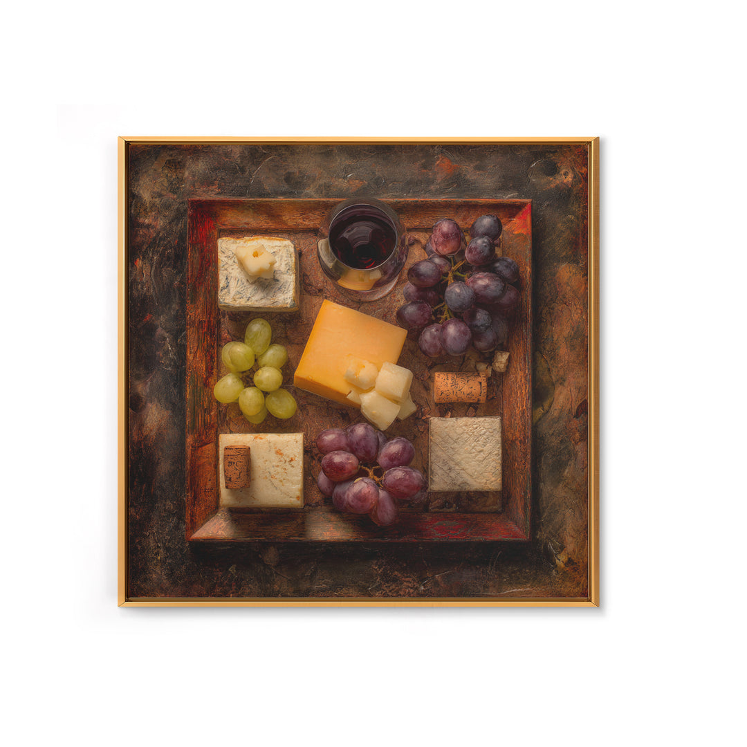 Charcuterie Board with Grapes and Cheese Framed Canvas Print, Winery Art, Boho Decor, Winery Decor, Oil Painting, Vineyard, WIN-1x1-37