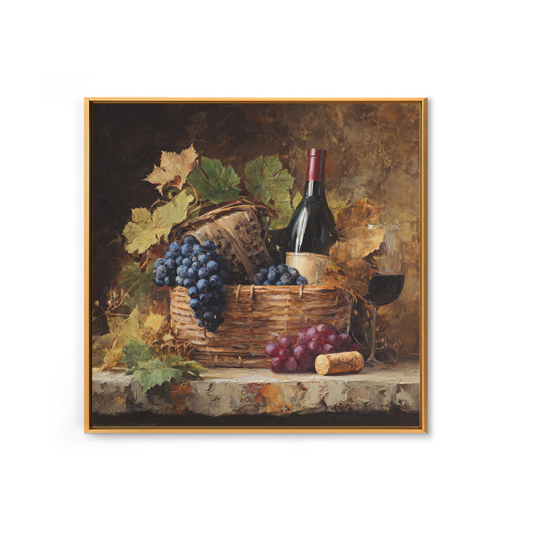 Wine Harvest Basket Framed Canvas Print, Winery Art, Bar Art, Winery Decor, Fine Art, Vineyard, Textured Painting, WIN-1x1-46