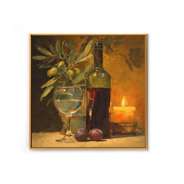 Olive Branch and Wine Glass Mediterranean Still Framed Canvas Print, Winery Art, Winery Decor, Oil Painting, Vineyard, WIN-1x1-48