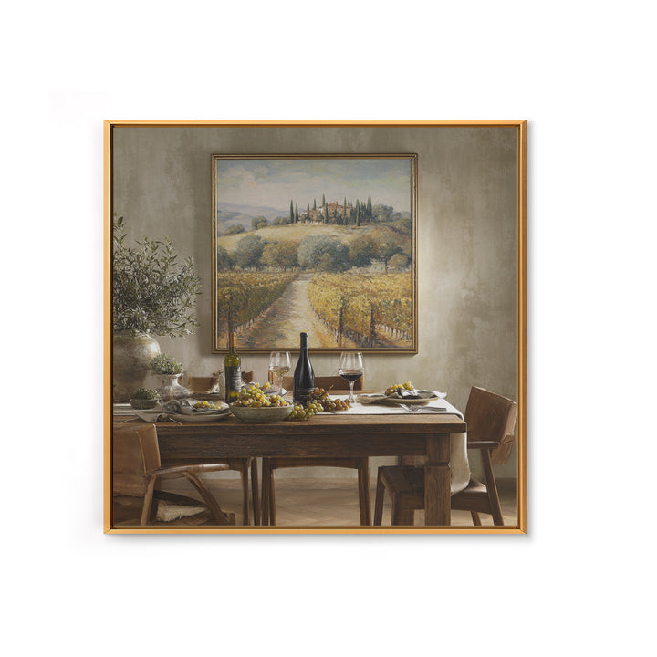 Tuscan Vineyard at Golden Hour Framed Canvas Print, Winery Art, Travel Poster, Winery Decor, Oil Painting, Vineyard, WIN-1x1-51