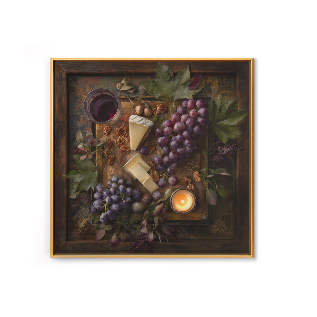Charcuterie Board with Grapes and Cheese Framed Canvas Print, Winery Art, Boho Decor, Winery Decor, Oil Painting, Vineyard, WIN-1x1-61