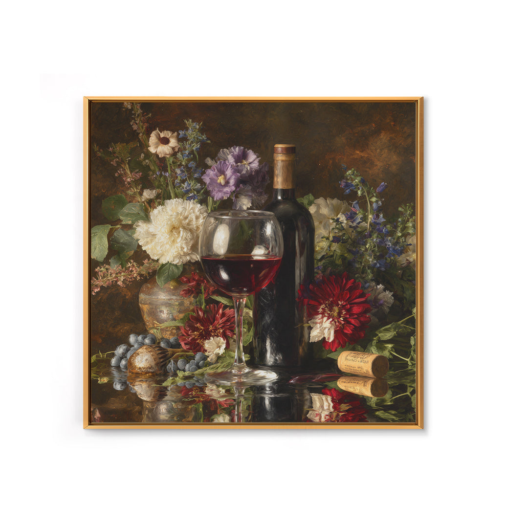 Ros Glass Beside Summer Flowers Framed Canvas Print, Winery Art, Gallery Decor, Winery Decor, Fine Art, Vineyard, Wall Art, WIN-1x1-62