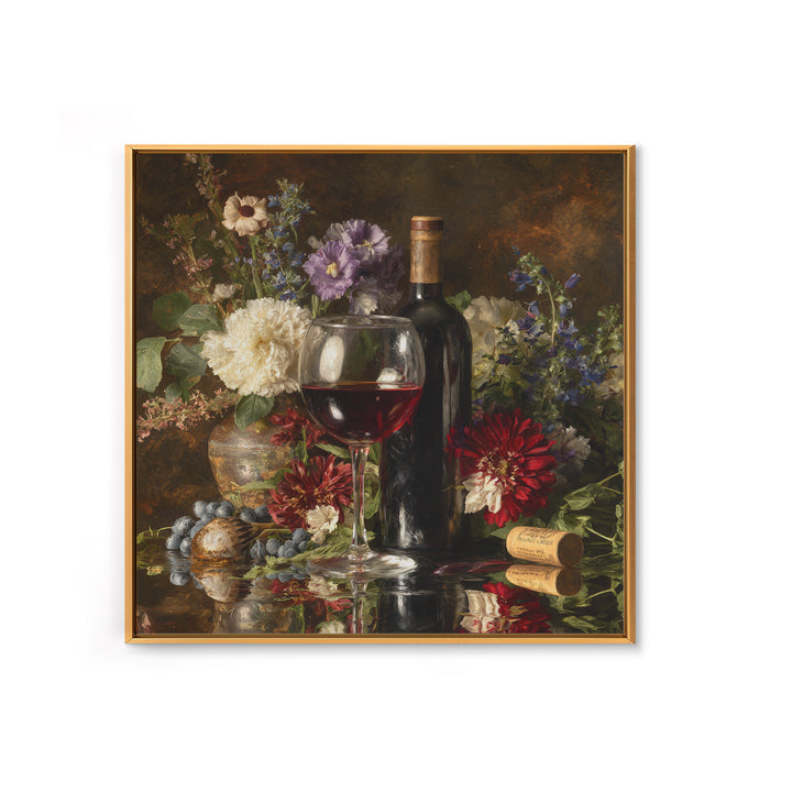 Ros Glass Beside Summer Flowers Framed Canvas Print, Winery Art, Gallery Decor, Winery Decor, Fine Art, Vineyard, Wall Art, WIN-1x1-62