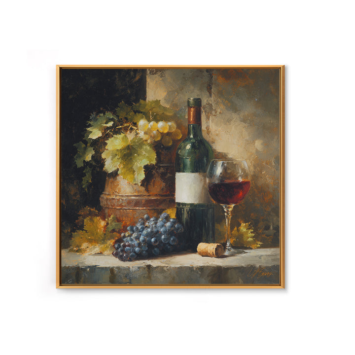 Olive Branch and Wine Glass Mediterranean Still Framed Canvas Print, Winery Art, Landscape Art, Winery Decor, Vineyard, WIN-1x1-72