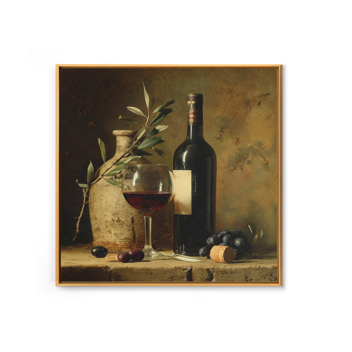 Olive Branch and Wine Glass Mediterranean Still Framed Canvas Print, Winery Art, Print, Winery Decor, Fine Art, Vineyard, WIN-1x1-96