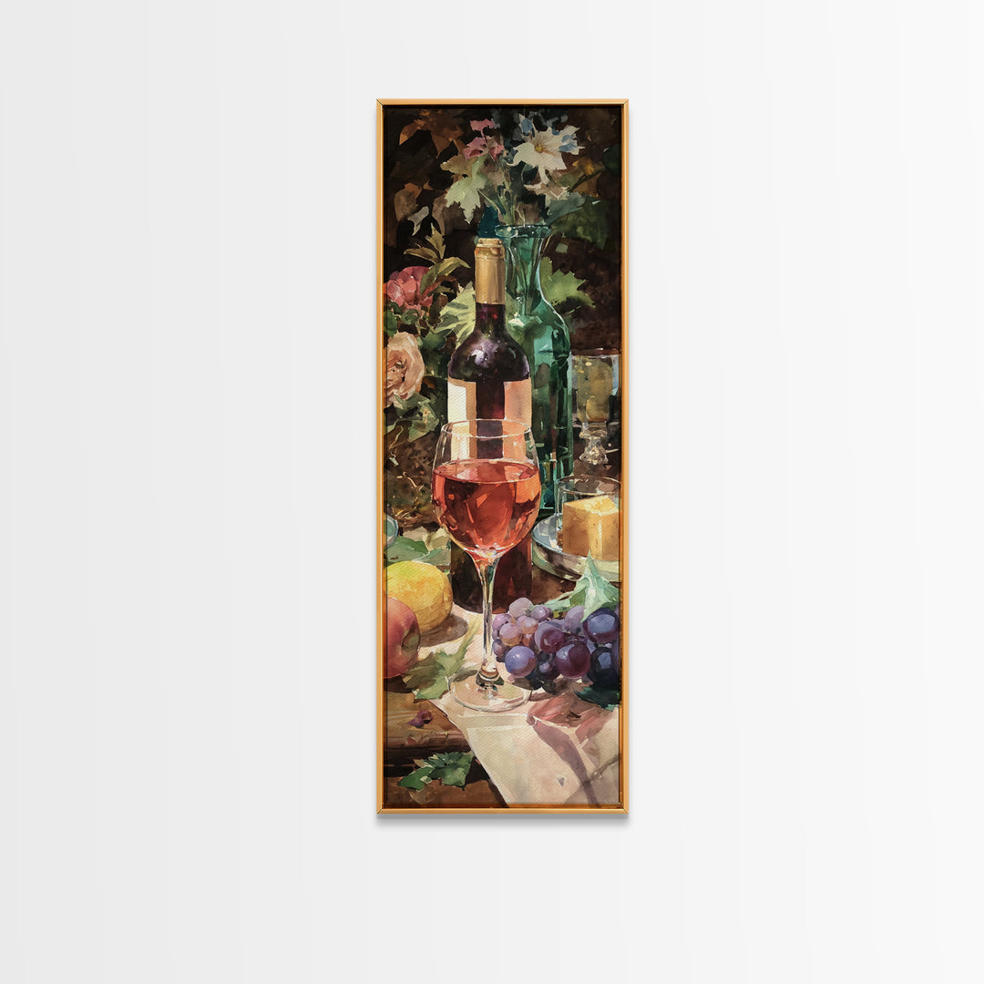 Ros Glass Beside Summer Flowers Canvas Print, Winery Art, Living Room Art, Winery Decor, Watercolor Art, Vineyard, WIN-1x3-2
