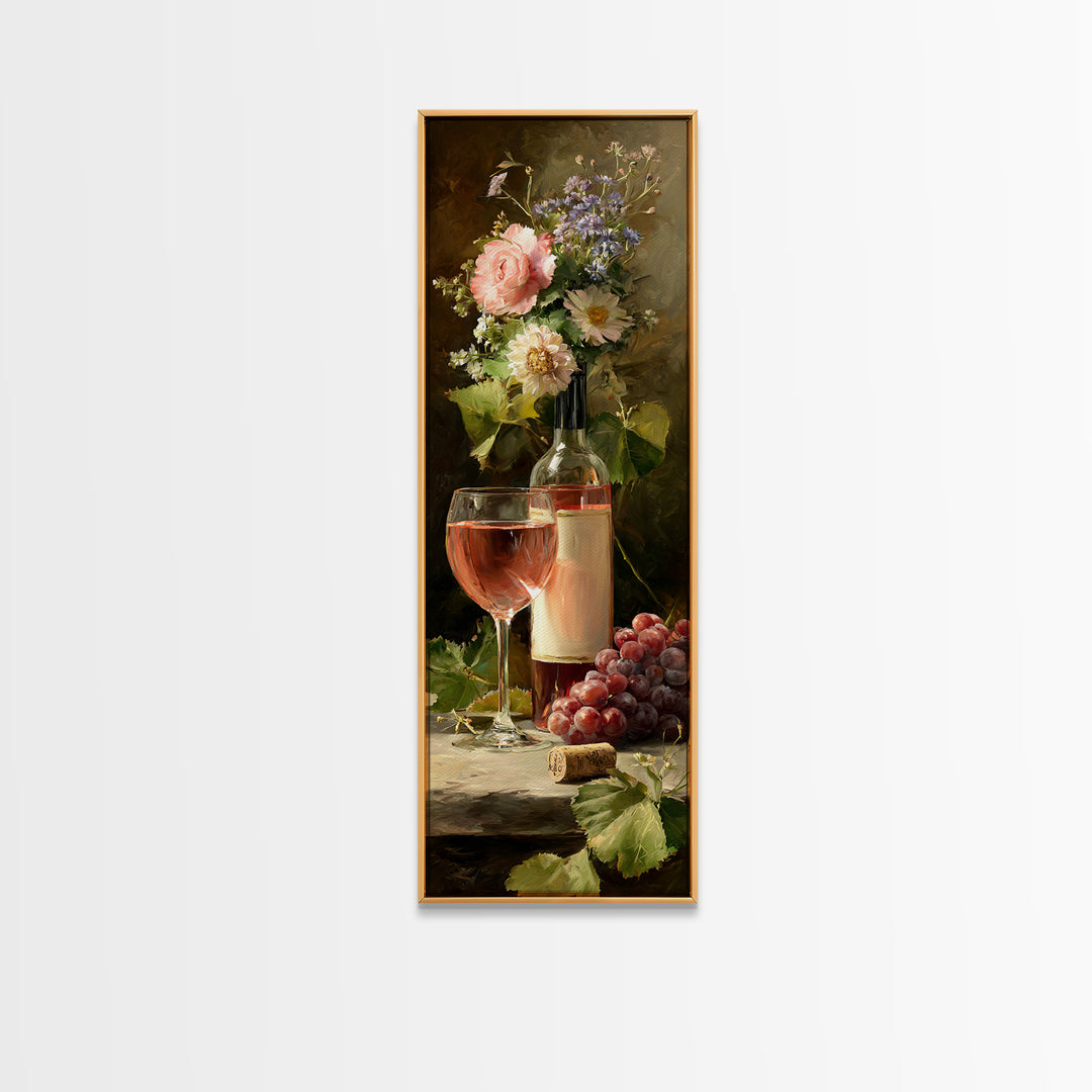 Ros Glass Beside Summer Flowers Canvas Print, Winery Art, Living Room Art, Winery Decor, Watercolor Art, Vineyard, WIN-1x3-26