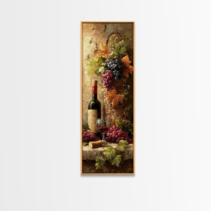 Wine Harvest Basket Framed Canvas Print, Winery Art, Cocktail Wall Art, Winery Decor, Watercolor Art, Vineyard, WIN-1x3-34
