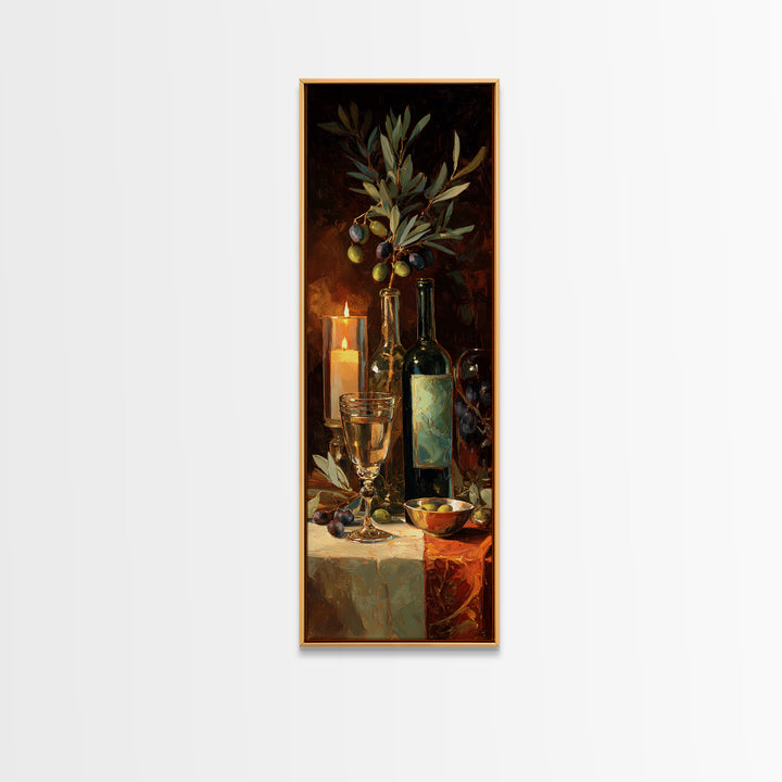 Olive Branch and Wine Glass Mediterranean Still Framed Canvas Print, Winery Art, Print, Winery Decor, Fine Art, Vineyard, WIN-1x3-36
