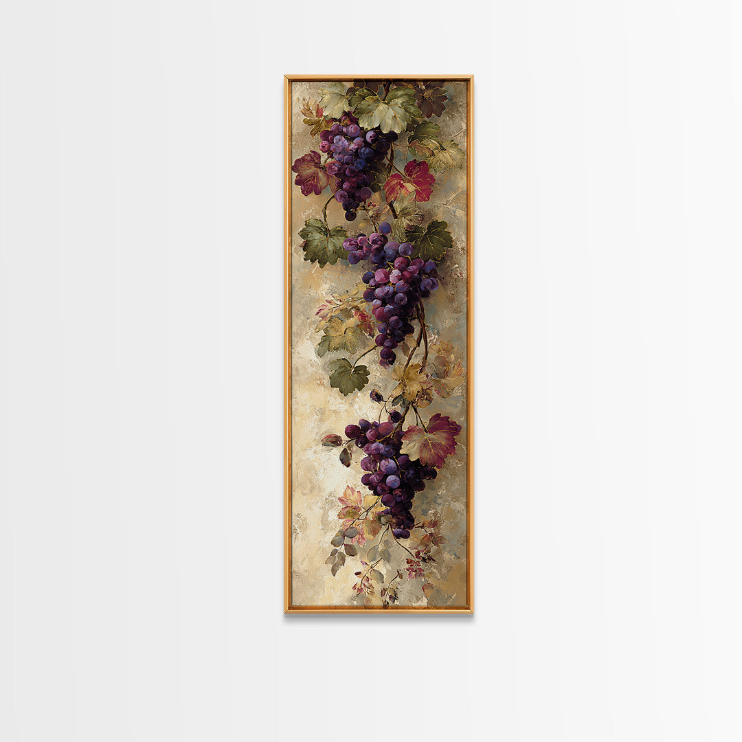 Grapevine Branch with Purple Grapes and Leaves Framed Canvas Print, Winery Art, Winery Decor, Watercolor Art, Vineyard, WIN-1x3-61