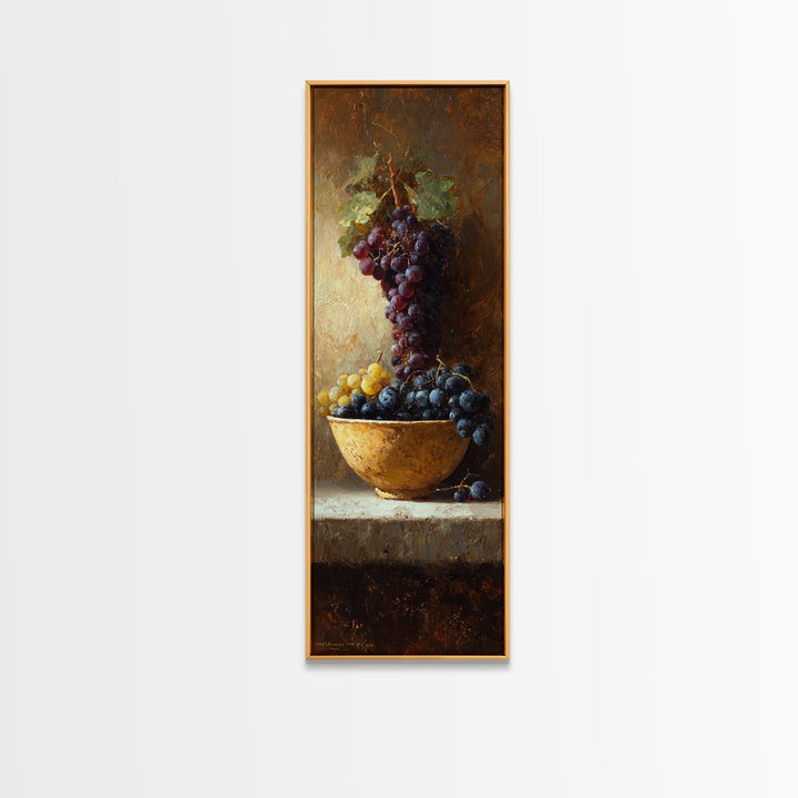 Grapes in a Ceramic Bowl with Shadows Framed Canvas Print, Winery Art, Wall Art, Winery Decor, Oil Painting, Vineyard, WIN-1x3-69