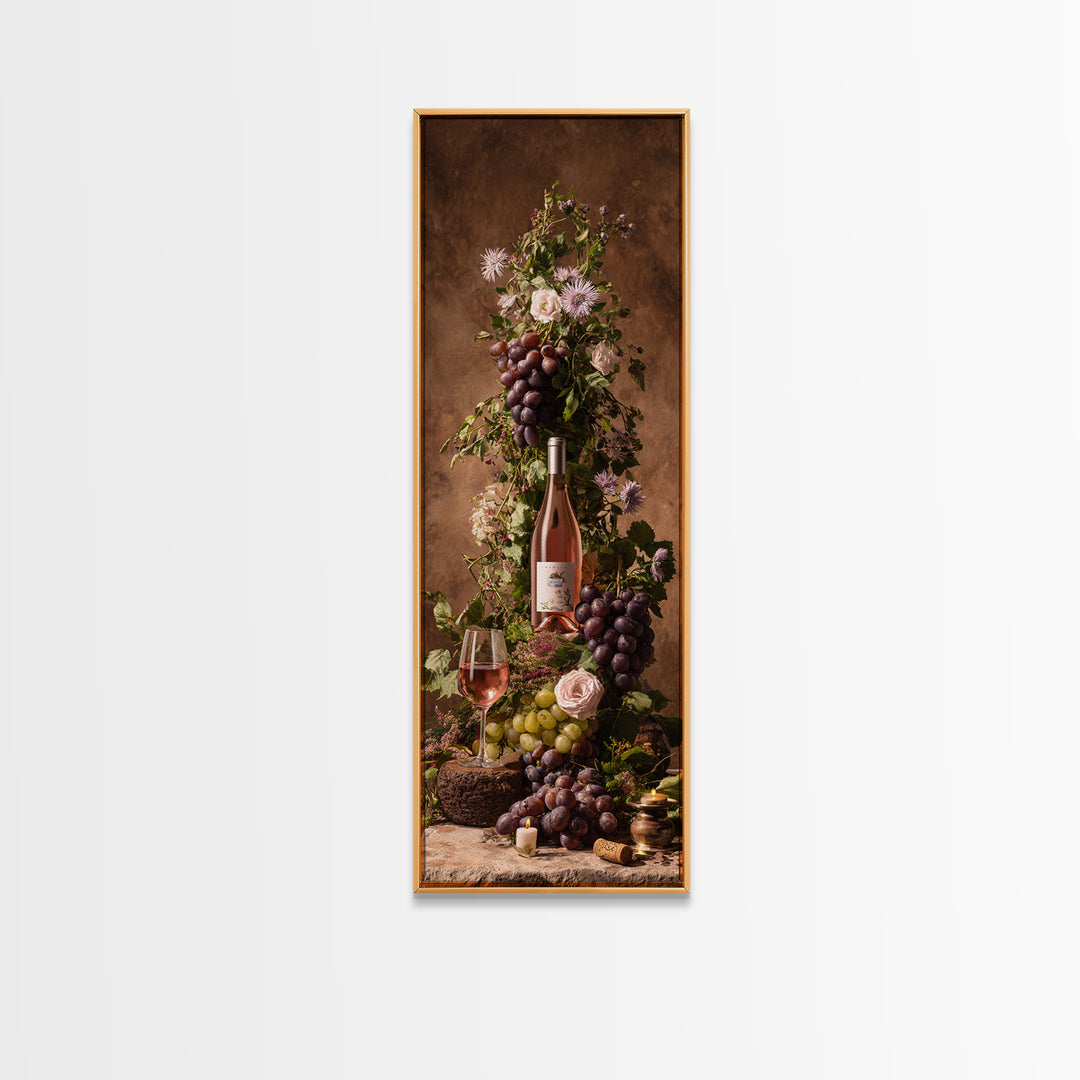 Ros Glass Beside Summer Flowers Framed Canvas Print, Winery Art, Fine Art Print, Winery Decor, Watercolor Art, Vineyard, WIN-1x3-74