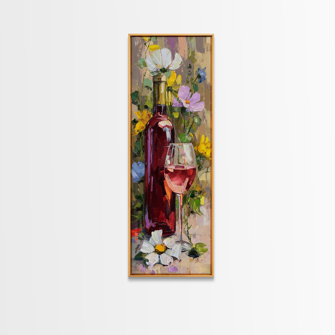 Ros Glass Beside Summer Flowers Canvas Print, Winery Art, Textured Painting, Winery Decor, Fine Art, Vineyard, Oil Painting, WIN-1x3-98