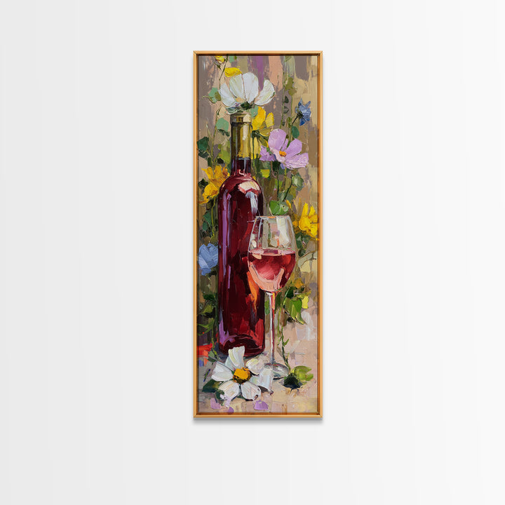 Ros Glass Beside Summer Flowers Canvas Print, Winery Art, Textured Painting, Winery Decor, Fine Art, Vineyard, Oil Painting, WIN-1x3-98