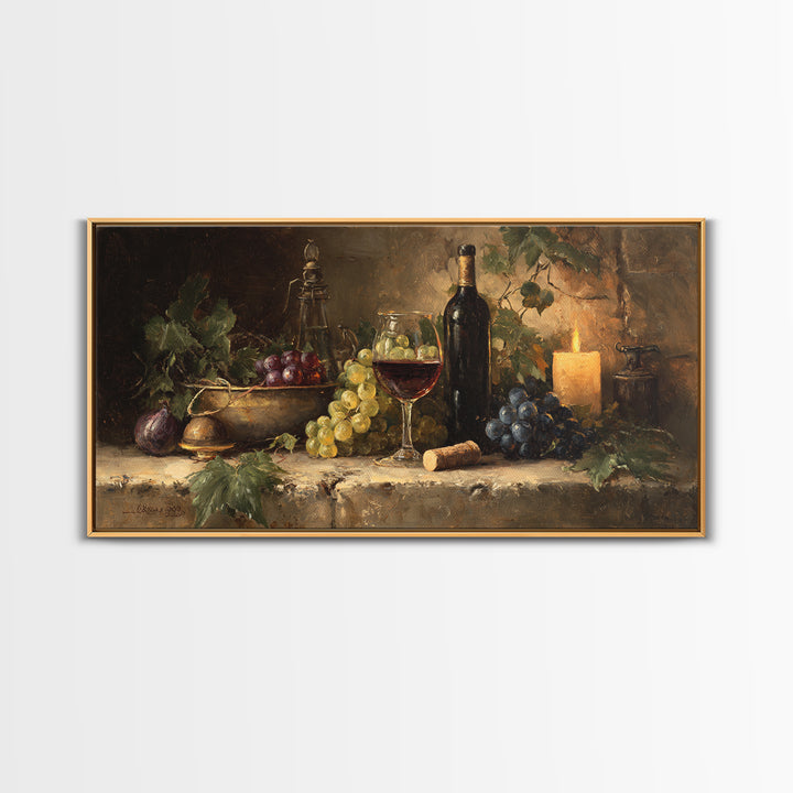 Olive Branch and Wine Glass Mediterranean Still Framed Canvas Print, Winery Art, Statement Artwork, Winery Decor, Vineyard, WIN-2x1-20