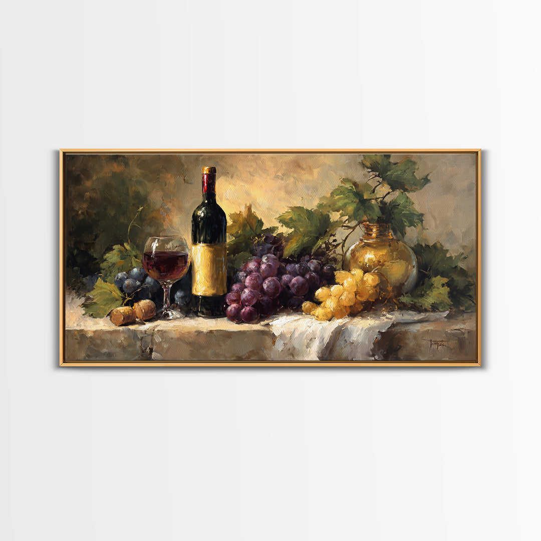 Tuscan Vineyard at Golden Hour Framed Canvas Print, Winery Art, Oil Painting, Winery Decor, Watercolor Art, Vineyard, WIN-2x1-23