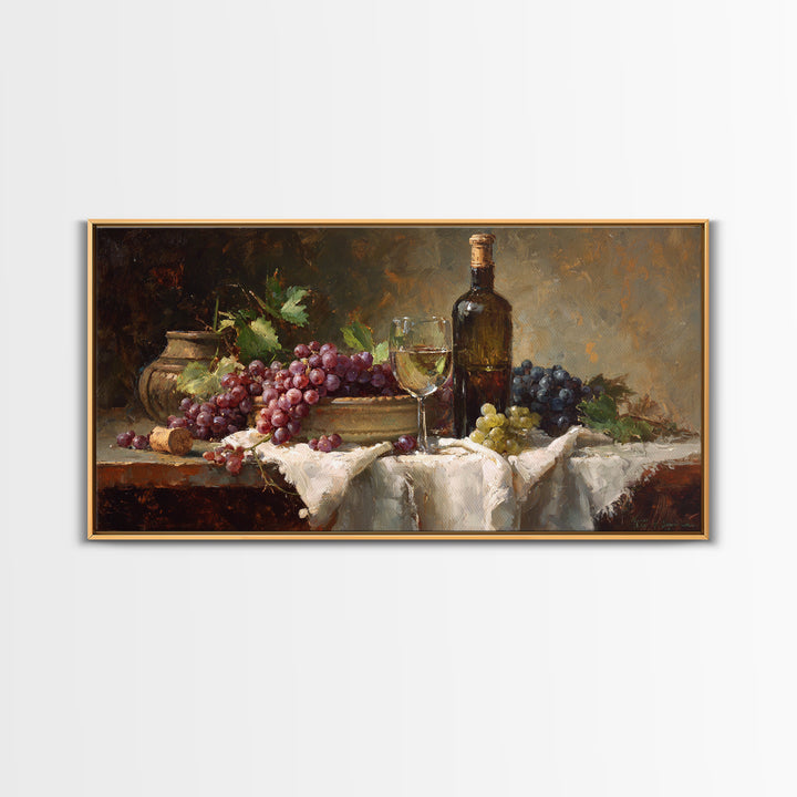 Champagne Grapes and White Linen Still Life Framed Canvas Print, Winery Art, Printable Wall Art, Winery Decor, Vineyard, WIN-2x1-25