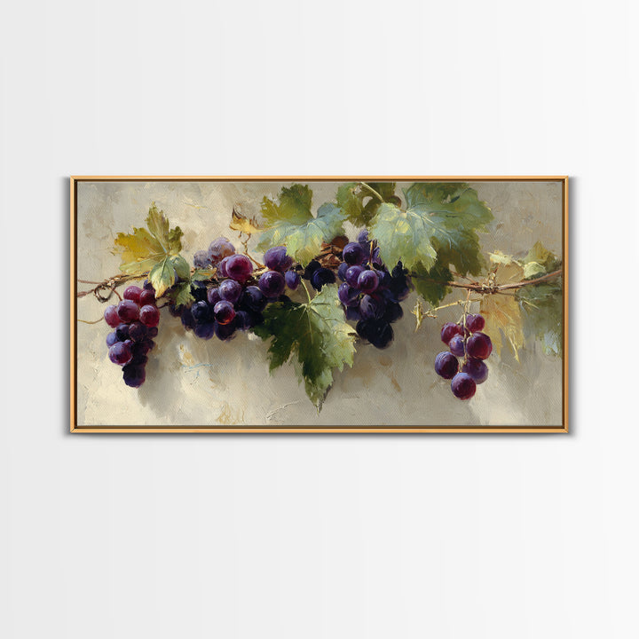Grapevine Branch with Purple Grapes and Leaves Framed Canvas Print, Winery Art, Kitchen Wall Art, Winery Decor, Oil Painting, WIN-2x1-45