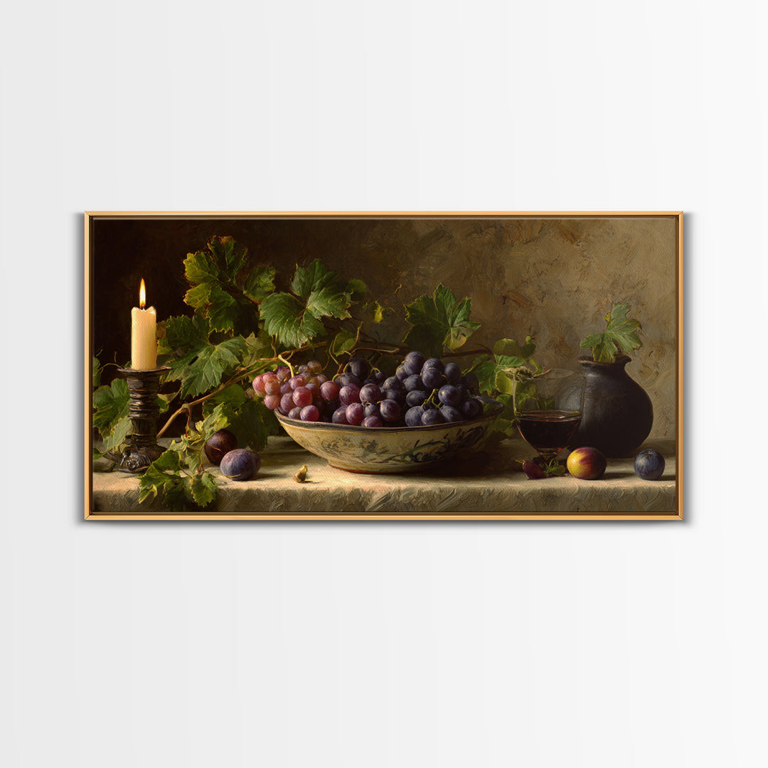 Grapes in a Ceramic Bowl with Shadows Framed Canvas Print, Winery Art, Oil Painting, Winery Decor, Watercolor Art, Vineyard, WIN-2x1-5
